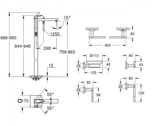 Смеситель для ванны + аксессуары Grohe Eurocube 23672001+40758001