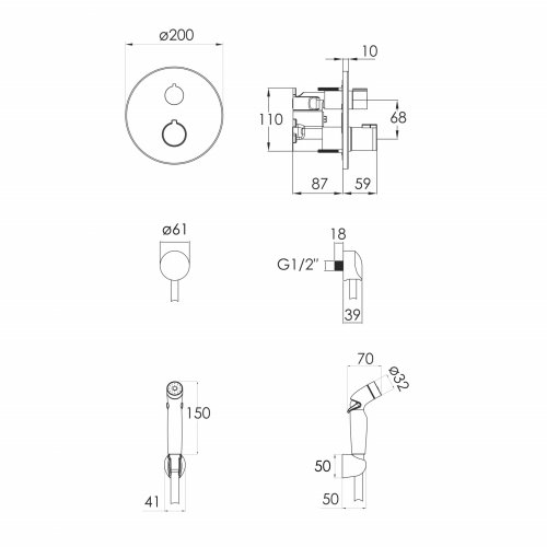 Смеситель скрытого монтажа с гигиеническим душем Imprese Centrum SET20220104