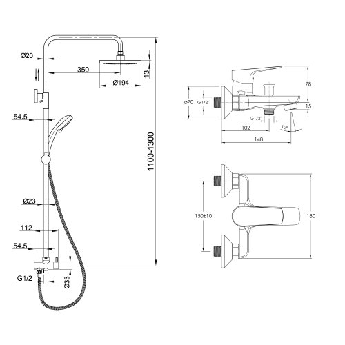 Змішувач для ванни з душовою системою Imprese Modus SET20220122