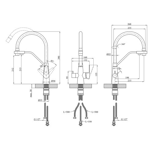 Смеситель для кухни с подключением к фильтру Kroner KRP Edelstahl Klassisch - ESG03817BLK CV027936