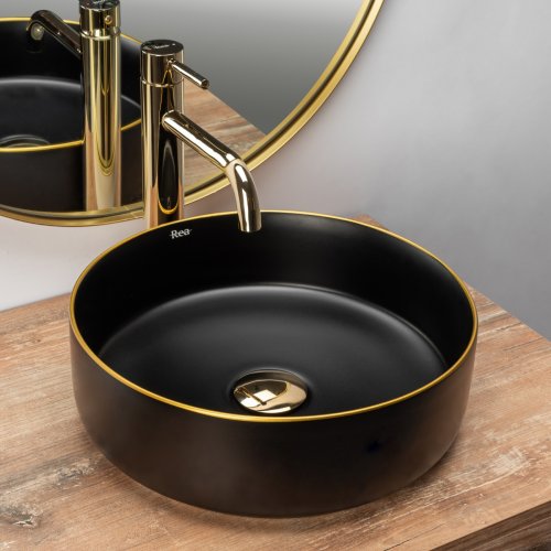 Умивальник (раковина) REA SAMI BLACK MAT GOLD EDGE накладний чорний