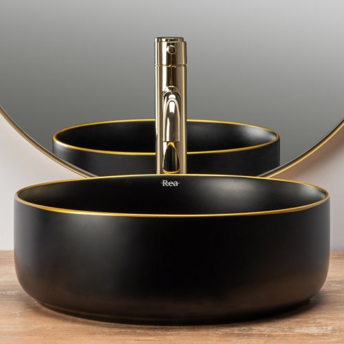 Умивальник (раковина) REA SAMI BLACK MAT GOLD EDGE накладний чорний