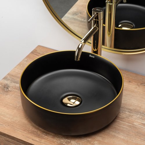 Умивальник (раковина) REA SAMI BLACK MAT GOLD EDGE накладний чорний