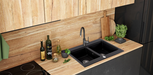 Гранітна кухонна мийка REA CADDY BLACK подвійна