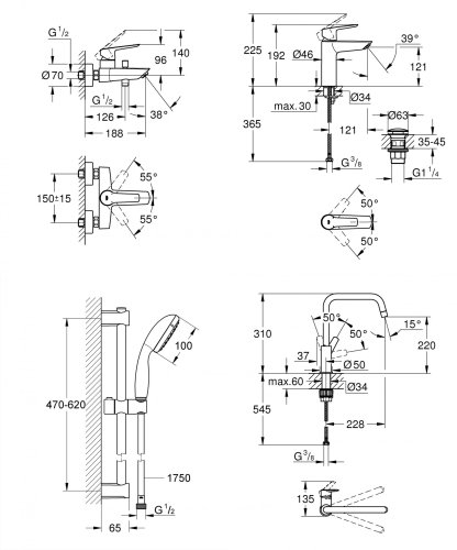 Комплект смесителей для ванной комнаты и кухни Grohe QuickFix Start Black UA303301MK