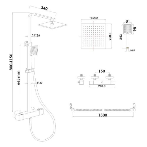 Душевая система Yoka CUBE 25 BLACK черный с термостатом