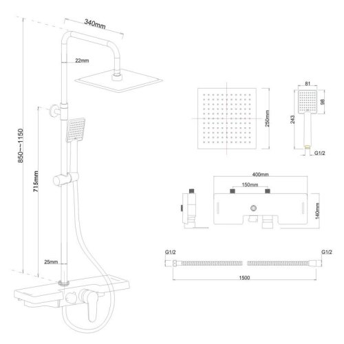 Душевая система Yoka OSLO 25 BLACK черный с полкой и краном
