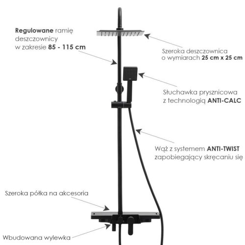 Душевая система Yoka OSLO 25 BLACK черный с полкой и краном