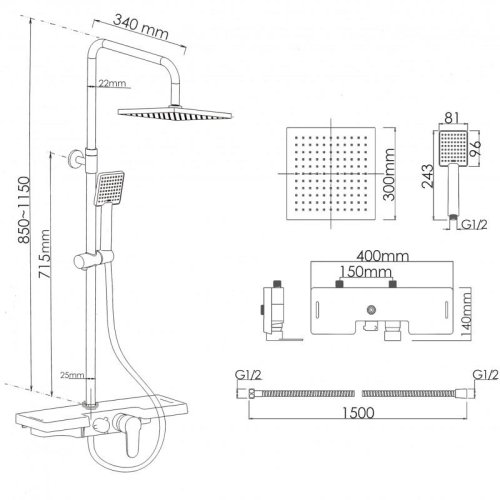 Душова система Yoka OSLO 30 BLACK чорний з полицею та краном