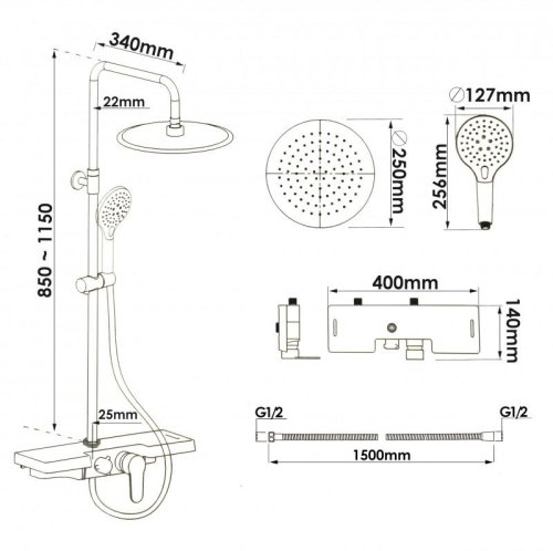 Душевой гарнитур Yoka SABA 25 BLACK черный с полкой и краном