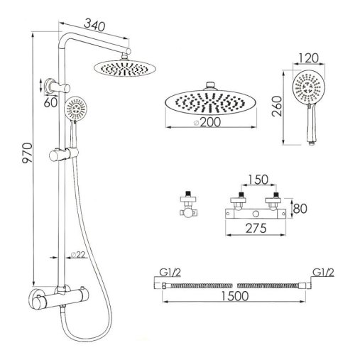 Душевая система Yoka ENZA 20 BLACK черный с термостатом
