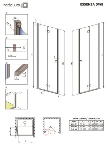 душевые двери Radaway Essenza New DWJ 90x200 стекло прозрачное левые (385076-01-01L)