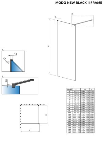 душевая перегородка Radaway Modo II New Black 90x200 безопасное стекло, frame, чёрная (389094-54-56)
