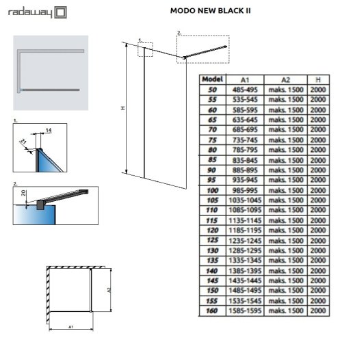 душевая стенка Radaway Modo New Black II 60x200 стекло прозрачное, чёрный (389064-54-01)