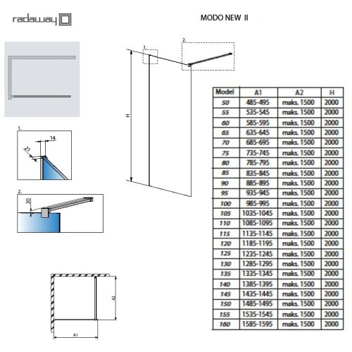 душевая стенка Radaway Modo New II 105x200 стекло прозрачное (389105-01-01)