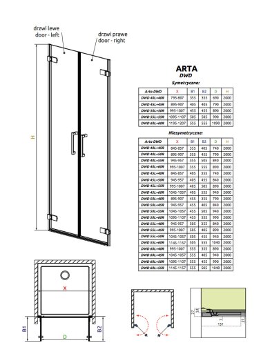 душевая дверь Radaway Arta DWD 55x200 стекло прозрачное левая (386033-03-01L)