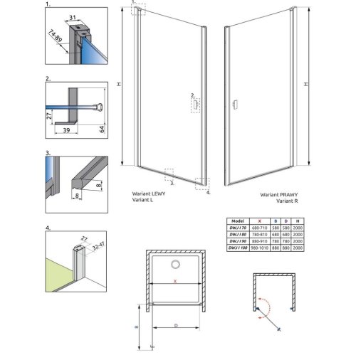 душевая дверь Radaway NES Black DWJ I 80x200 правая, безопасное стекло, прозрачное, чёрная (10026080-54-01R)