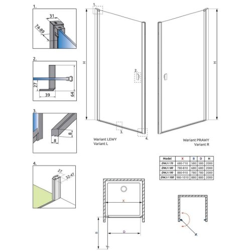 душові двері Radaway NES DWJ I 100x200 права, безпечне скло, прозоре (10026100-01-01R)