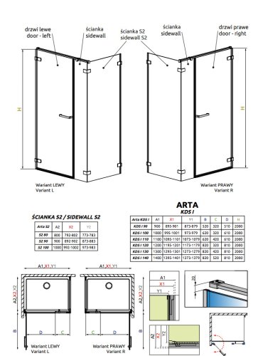 збоку стінка Radaway Arta S2 100x200 скло прозоре (386112-03-01)