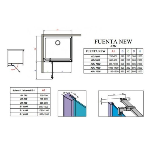 збоку стінка Radaway Fuenta New S1 90x200 скло прозоре (384050-01-01)