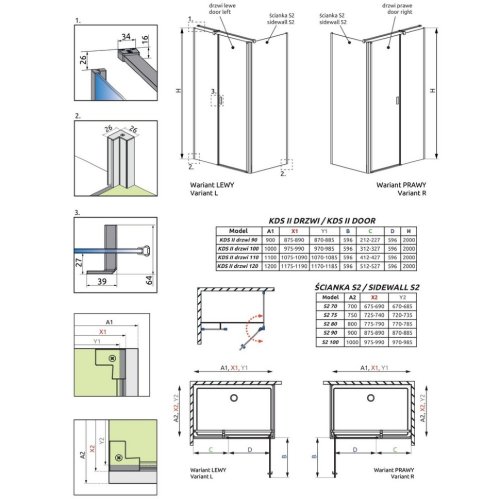 збоку стінка Radaway NES Black S2 90, безпечне скло, прозоре, чорна (10040090-54-01)