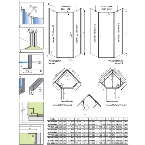 збоку стінка Radaway NES PTJ 100x80 безпечне скло, прозоре (10052200-01-01)