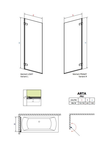 штора для ванни Radaway Arta PNJ 70x150 скло прозоре права (210101-01R)