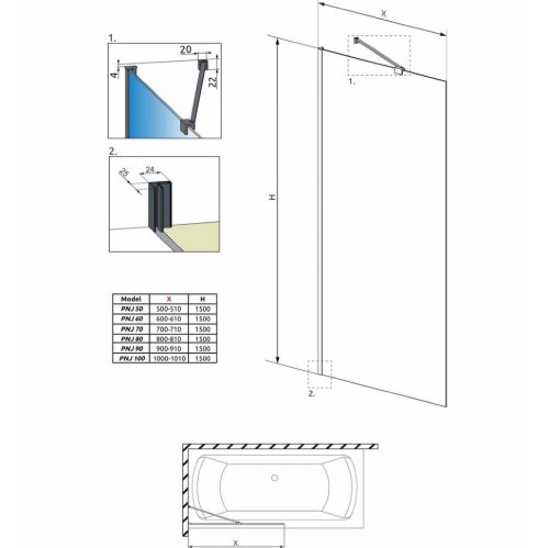 штора для ванны Radaway Idea Black PNJ 60 безопасное стекло, frame, чёрная (10001060-54-56)