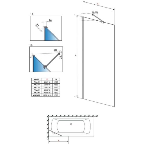штора для ванны Radaway Modo PNJ 50 безопасное стекло, прозрачное (10006050-01-01)