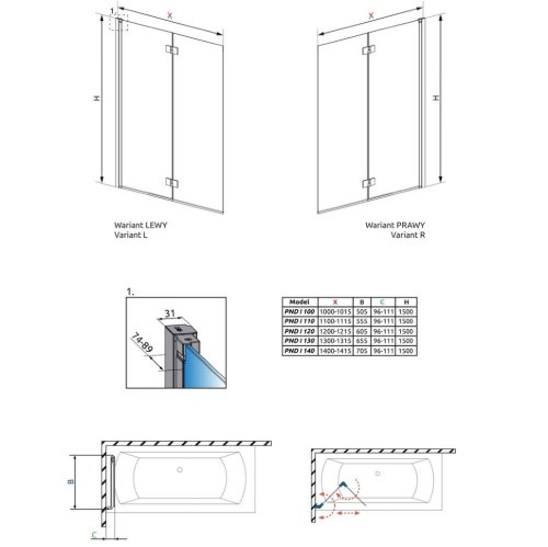 штора для ванны Radaway NES PND I 140 левая, безопасное стекло, прозрачное (10010140-01-01L)