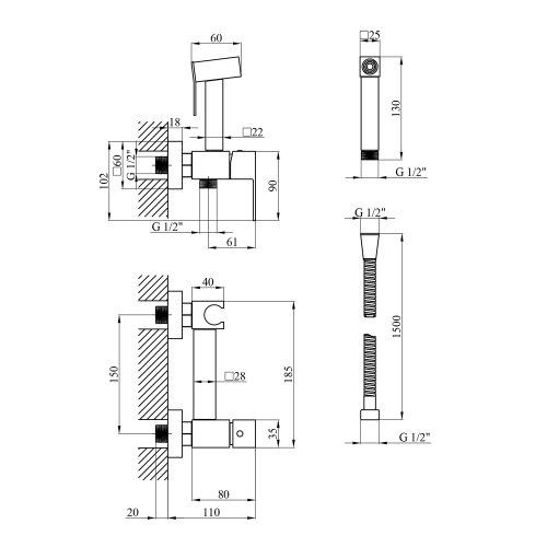 Смеситель для биде Kroner KRP Edelstahl Kubus - CHR052 с гигиеническим душем