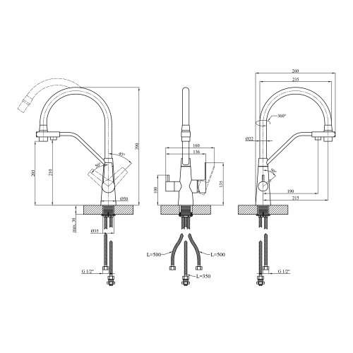 Смеситель для кухни с подключением к фильтру Kroner KRP Edelstahl Klassisch - PVD03817BLK