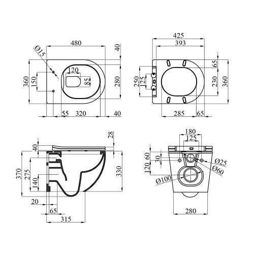 Унитаз подвесной Kroner KRP-C934UF Rimless 370х360х480 мм, сиденье Slim Duroplast/Soft-close/Quick relase