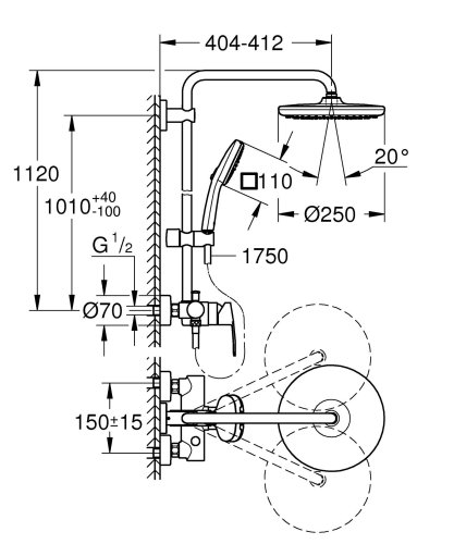Душевая система с термостатом Grohe Quickfix Vitalio Comfort 250 для настенного монтажа (26985001)