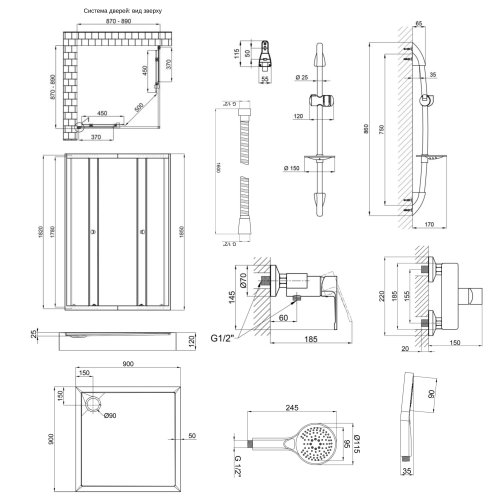 Набор Qtap: Душевая кабина квадрат., 90x90 + Поддон + Смеситель для душа + Стойка + Шланг + Лейка