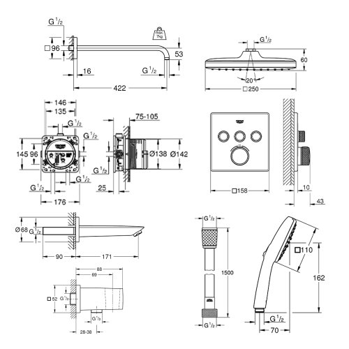 Душевая система скрытого монтажа термостатическая Grohe QuickFix SmartControl UA202802C3