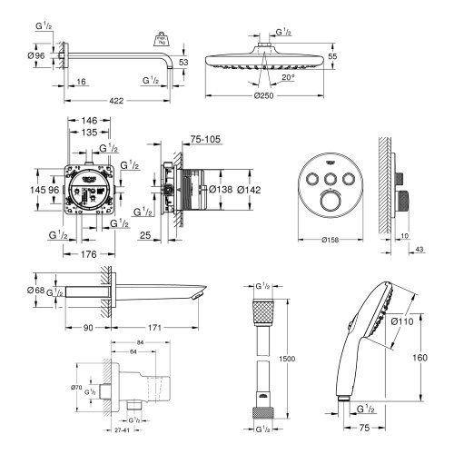 Душевая система скрытого монтажа термостатическая Grohe QuickFix SmartControl UA202802R3
