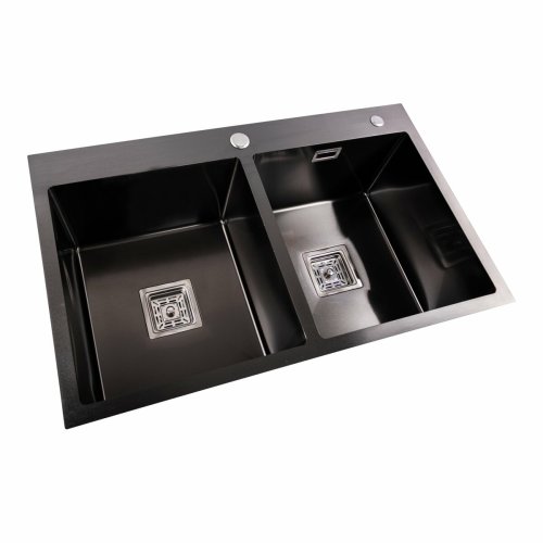 Кухонная мойка Platinum Handmade PVD HDB черная 780х480х230 на две чаши (квадратный сифон, 3.0/1.0)