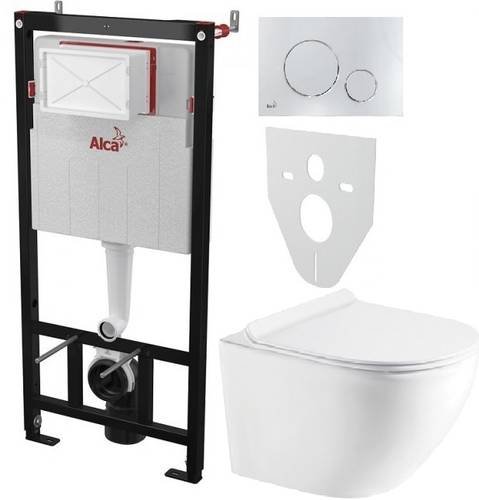 Инсталляция AlcaPlast 4в1 AM101/1120 с хромированной круглой кнопкой M671 + подвесной унитаз ROUND (AM101/1120-4:1 RU M671-0001