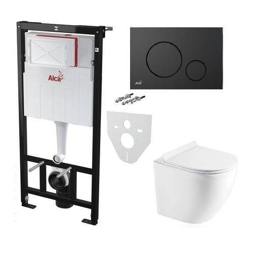 Инсталляция AlcaPlast 4в1 AM101/1120 с черной круглой матовой кнопкой M678 + подвесной унитаз ROUND (AM101/1120-4:1 RU M678-0001 + RN-0520-RW)