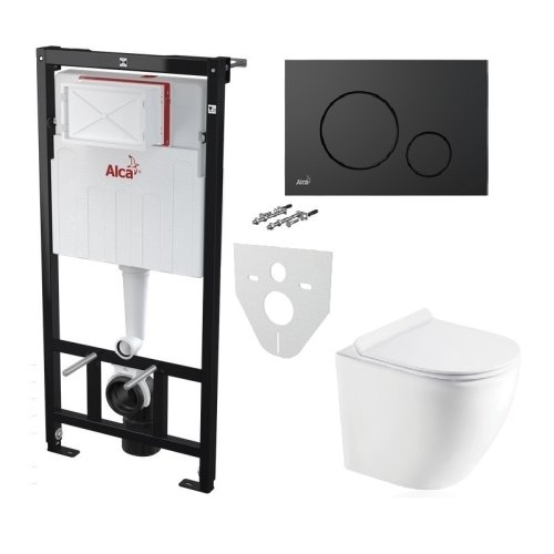 Инсталляция AlcaPlast 4в1 AM101/1120 с черной круглой матовой кнопкой M678 + подвесной унитаз ROUND (AM101/1120-4:1 RU M678-0001 + RN-0520-RW)