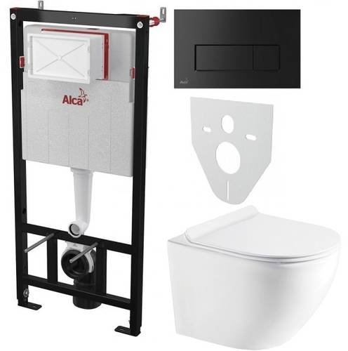 Інсталяція AlcaPlast 4в1 AM101/1120 з чороною матовою прямокутною кнопкою M578 + підвісний унітаз ROUND (AM101/1120-4:1 UA M578-0001 + RN-0520-RW)