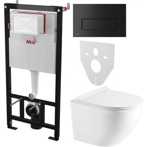 Інсталяція AlcaPlast 4в1 AM101/1120 з чороною матовою прямокутною кнопкою M578 + підвісний унітаз ROUND (AM101/1120-4:1 UA M578-0001 + RN-0520-RW)