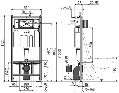 Инсталляция AlcaPlast 4в1 AM101/1120 с хромированной круглой кнопкой M671 + подвесной унитаз ROUND SMART (AM101/1120-4:1 RU M671-0001 + RN-0490-RW)