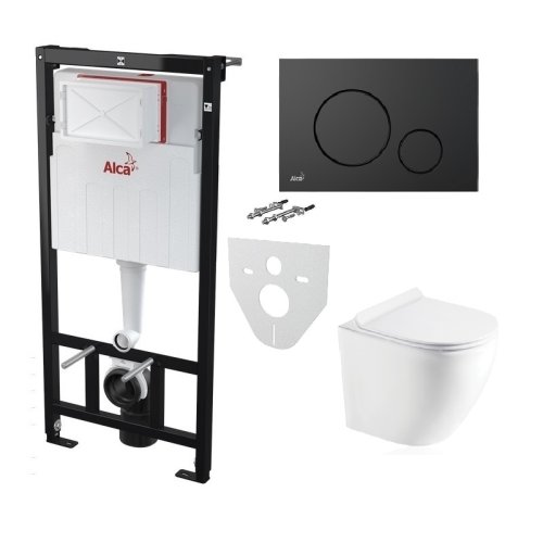 Инсталляция AlcaPlast 4в1 AM101/1120 с черной матовой круглой кнопкой M678 + подвесной унитаз ROUND SMART (AM101/1120-4:1 RU M678-0001 + RN-0490-RW)