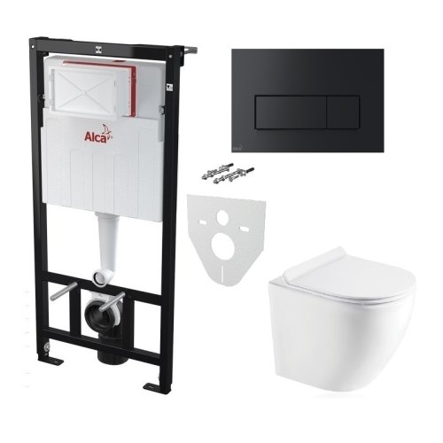 Инсталляция AlcaPlast 4в1 AM101/1120 с черной матовой прямоугольной кнопкой M578 + подвесной унитаз ROUND SMART (AM101/1120-4:1 RU M578-0001 + RN-0490-RW)