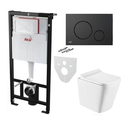 Инсталляция AlcaPlast 4в1 AM101/1120 с черной круглой матовой кнопкой M678 + подвесной унитаз TREND (AM101/1120-4:1 RU M678-0001 + TR-0490-RW)