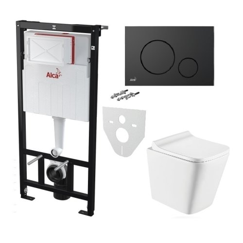 Инсталляция AlcaPlast 4в1 AM101/1120 с черной круглой матовой кнопкой M678 + подвесной унитаз TREND (AM101/1120-4:1 RU M678-0001 + TR-0490-RW)