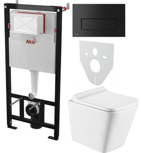 Инсталляция AlcaPlast 4в1 AM101/1120 с черной матовой прямоугольной кнопкой M578 + подвесной унитаз TREND (AM101/1120-4:1 RU M578-0001 + TR-0490-RW)