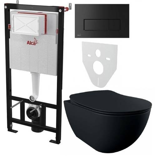 Инсталляция AlcaPlast 4в1 AM101/1120 с черной матовой прямоугольной кнопкой M578 + подвесной унитаз Free Black matt Rim-off (AM101/1120-4:1 M578-0001 + FE322-11SM00E-0)